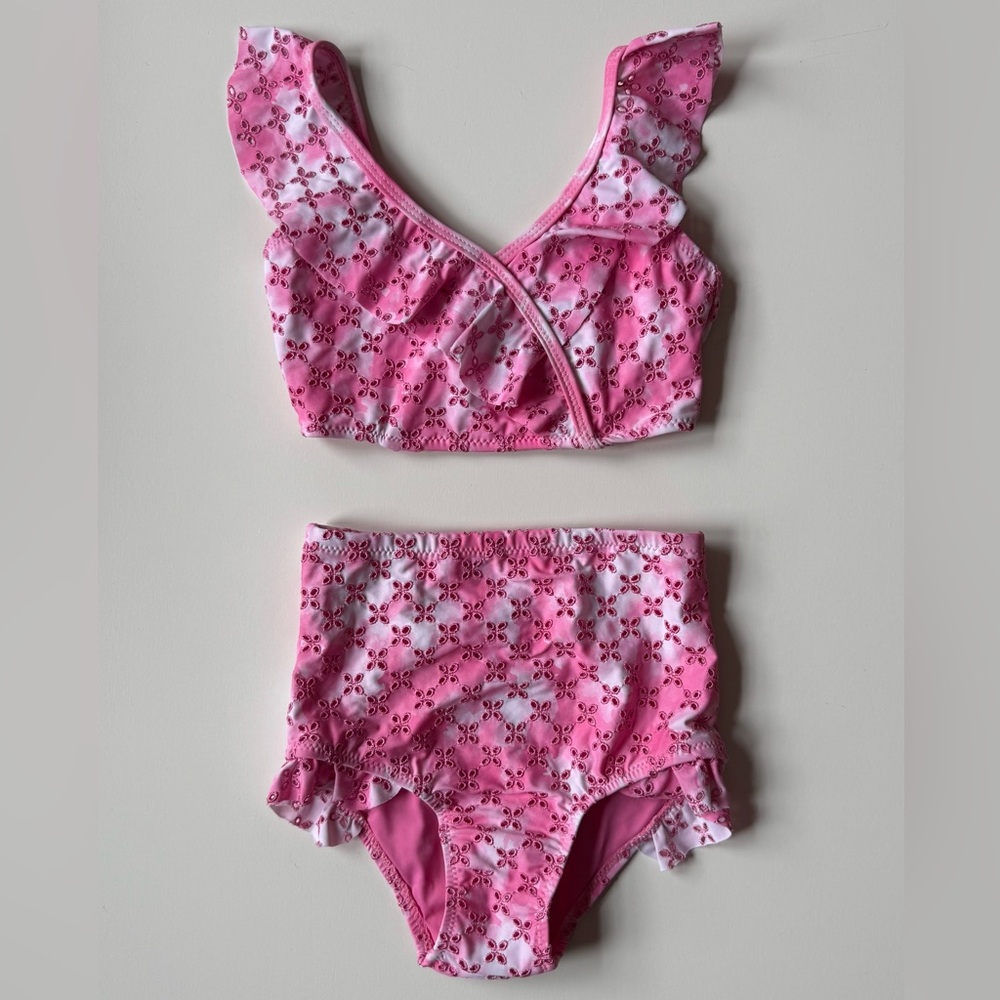 Shade Critters Girls Eyelet Ruffle High Waist Bikini - Watermelon Pink - Size 4T